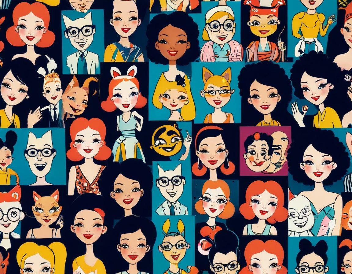 A whimsical yet tasteful collage that includes playful cartoon characters in cheeky poses, layered with subtle hints of suggestiveness, like winks and sly smiles. Background elements should reflect a nightlife scene with soft neon lights and a hint of glamour, like vintage movie posters. The overall tone should balance silliness and sophistication, inviting curiosity and humor. The characters should be diverse, showcasing a variety of body types and styles. vector art. vibrant colors. playful elements.