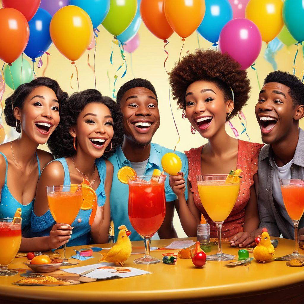 A whimsical cartoon scene featuring a diverse group of friends sharing a hearty laugh over a comically oversized cocktail glass, surrounded by quirky props like joke books and rubber chickens. The background is a lively party atmosphere with colorful balloons and streamers, inviting the viewer into a light-hearted mood. The characters should express joy and mischief, reflecting the witty and risqué essence of adult humor. vibrant colors. cartoon style.