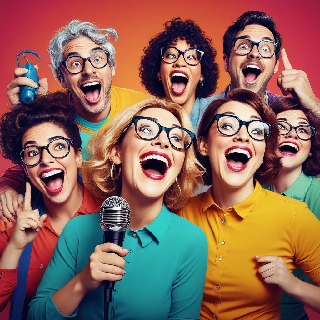 A whimsical and colorful illustration of a diverse group of adults laughing together at a comedy club, surrounded by comedic props like a microphone, oversized glasses, and playful doodles of jokes in the background. The scene should feel vibrant and lively, capturing the spirit of grown-up comedy while balancing humor and a touch of playful risqué flair. Bright, cheerful colors. cartoon style.